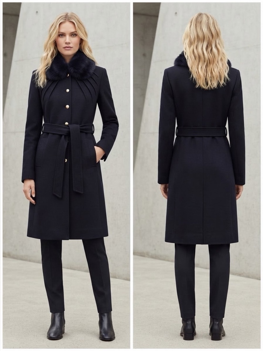 NWT WOMEN WINTER COAT WOOL BLEND REAL RACCOON FUR COLLAR INSULATED BELTED NAVY